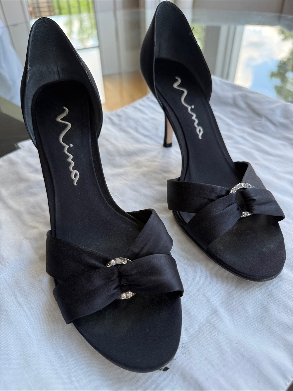 Nina Black Satin Open-Toe Heels with Knot & Rhinestone Ring